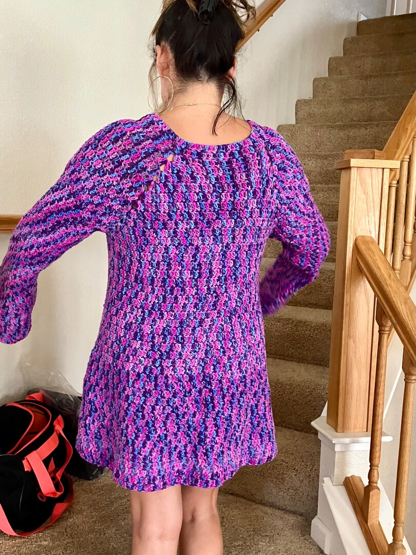 Crocheted Mini-Dress Tunic One-Of-A-Kind. Hand-Crochet Size Medium Multi-Colored Blue, Purple, Lavender Dark Pink. Inspired by Taylor Swift | MakerPlace by Michaels Crocheted Mini-Dress Tunic One-Of-A-Kind. Hand-Crochet Size Medium Multi-Colored Blue, Purple, Lavender Dark Pink. Inspired by Taylor Swift | MakerPlace by Michaels